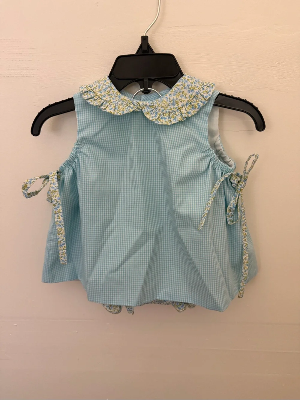 Baby Sen by Remember Nguyen Blue Gingham Baby Matching Set with Floral Trim
